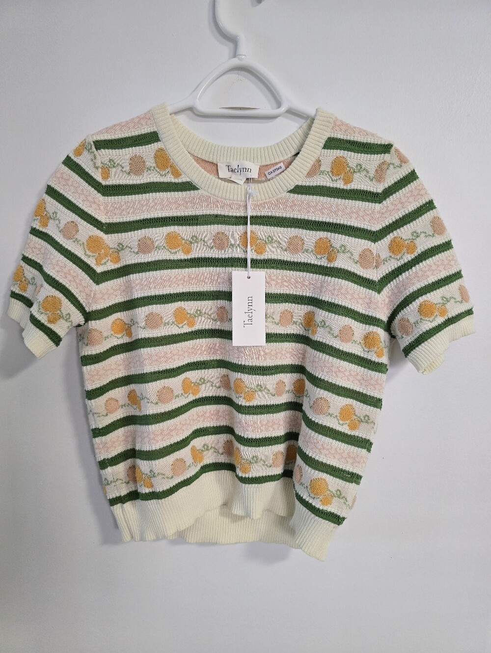 TAELYNN Cream RETRO STYLE Vintage Green White Orange Knit Top Short Size L